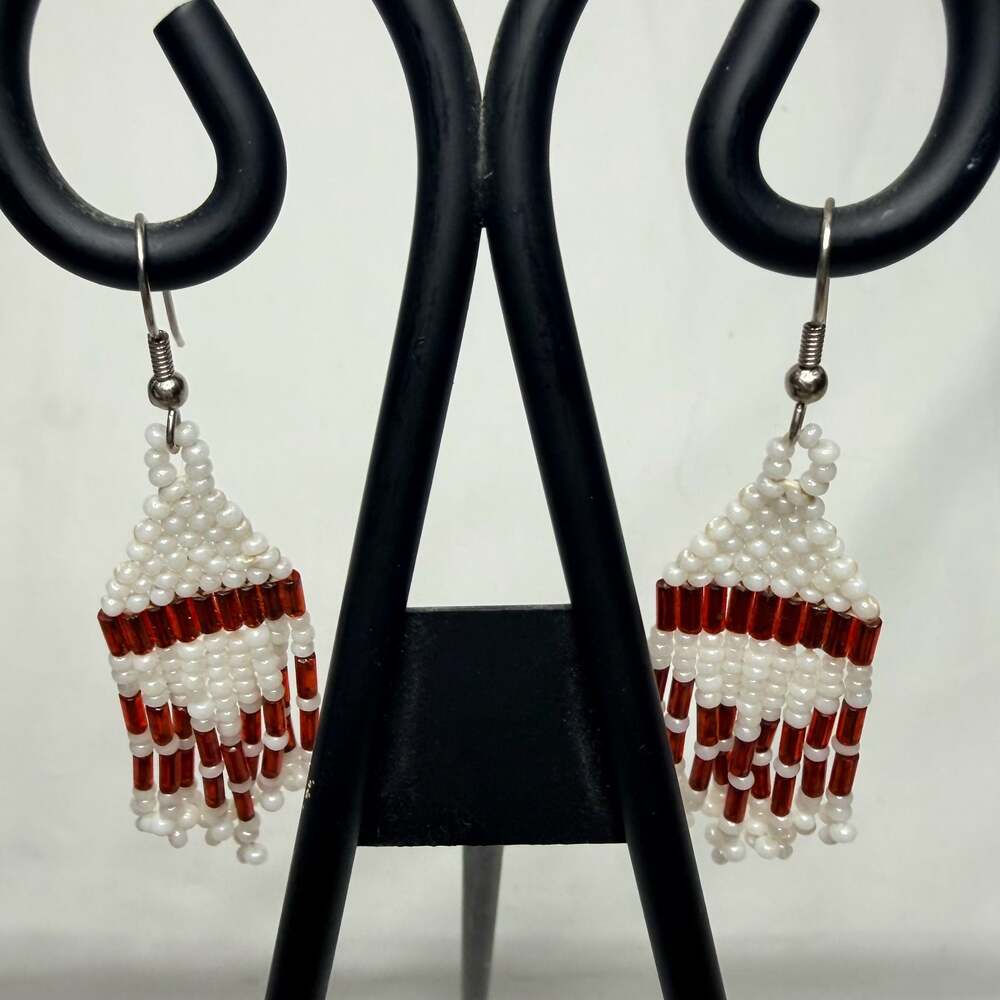 Handmade White and Red Seed Bead Fringe Dangle Earrings